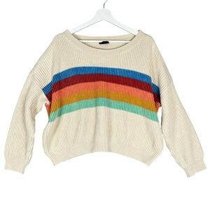 BLANK PAIGE Cream Rainbow Stripe Boat‎ Neck Knit Cotton Sweater Women's Size M
